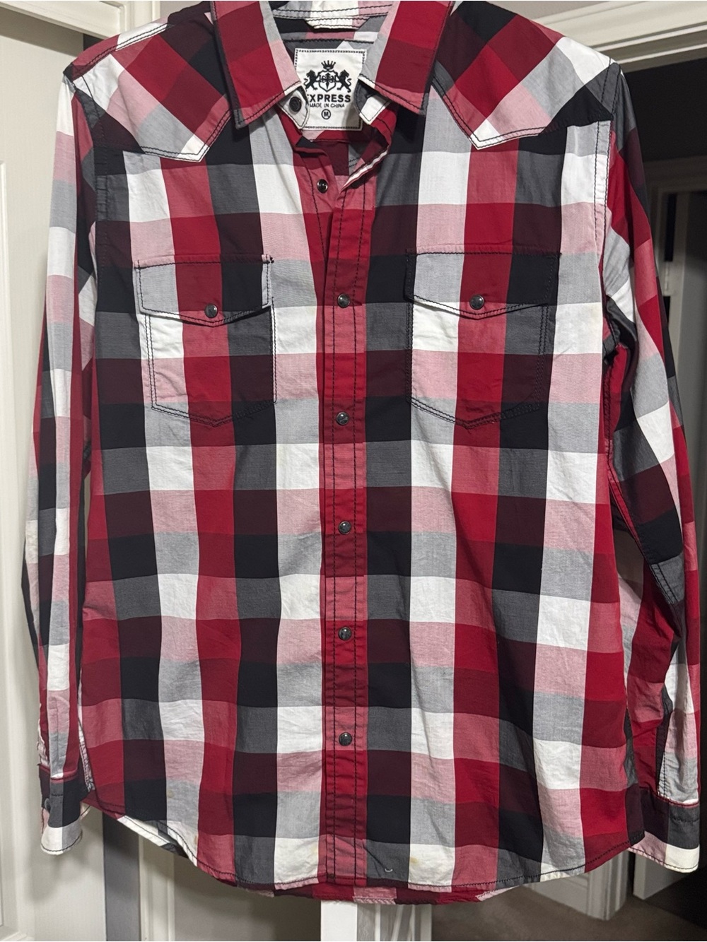 Express Red Black White Plaid Western Button-Down Shirt